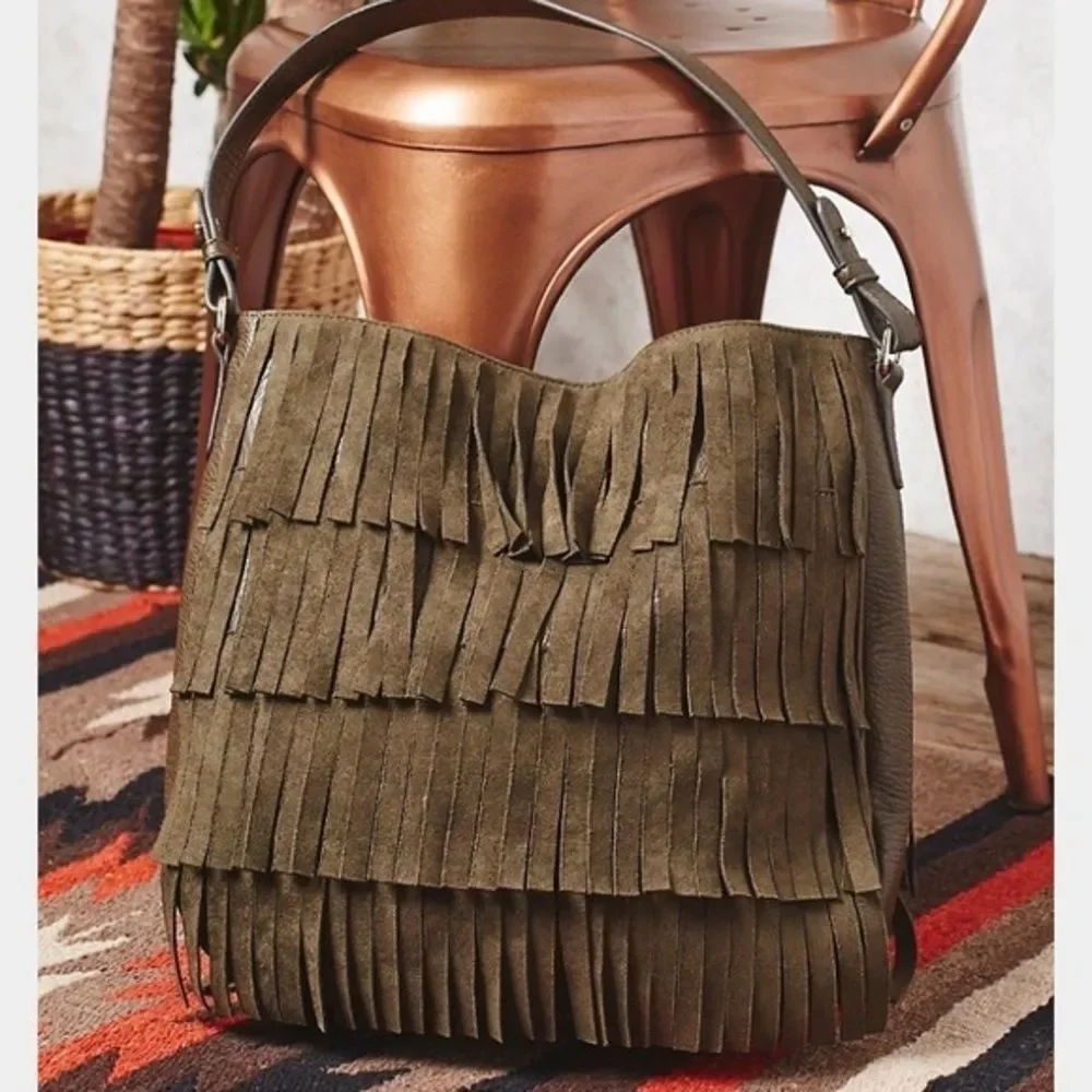 Free People Ashbury Fringe Vegan Leather Olive Green Tote.